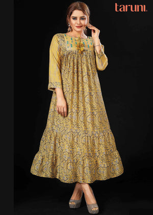 Yellow Muslin Printed Frock Style Kurti