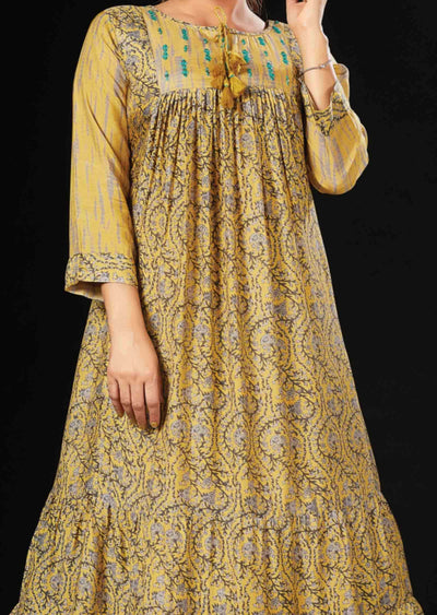 Yellow Muslin Printed Frock Style Kurti