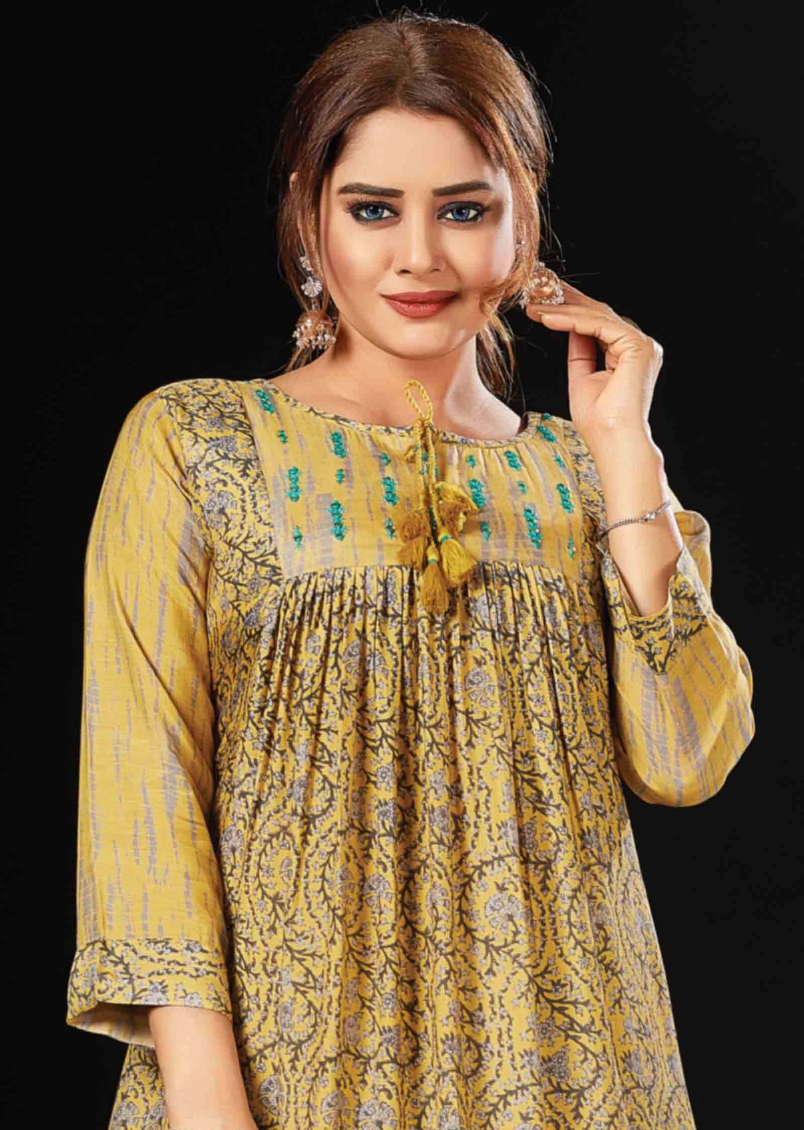 Yellow Muslin Printed Frock Style Kurti