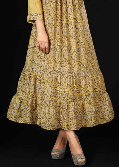 Yellow Muslin Printed Frock Style Kurti