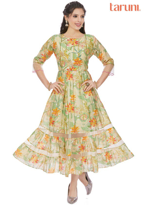 Light Green Muslin Printed Frock Style Kurti