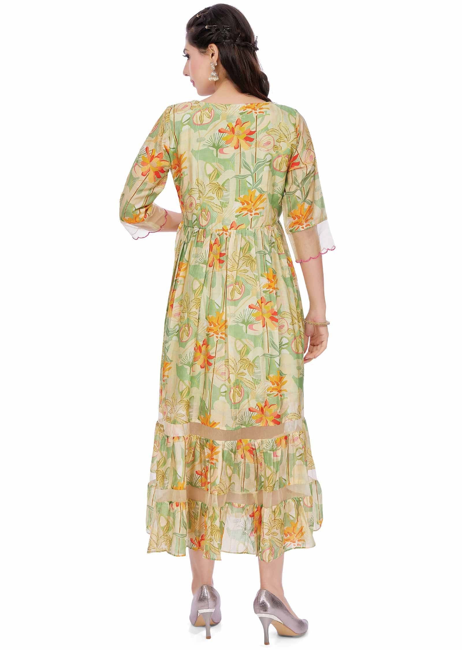 Light Green Muslin Printed Frock Style Kurti