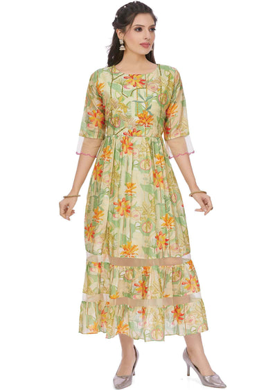 Light Green Muslin Printed Frock Style Kurti