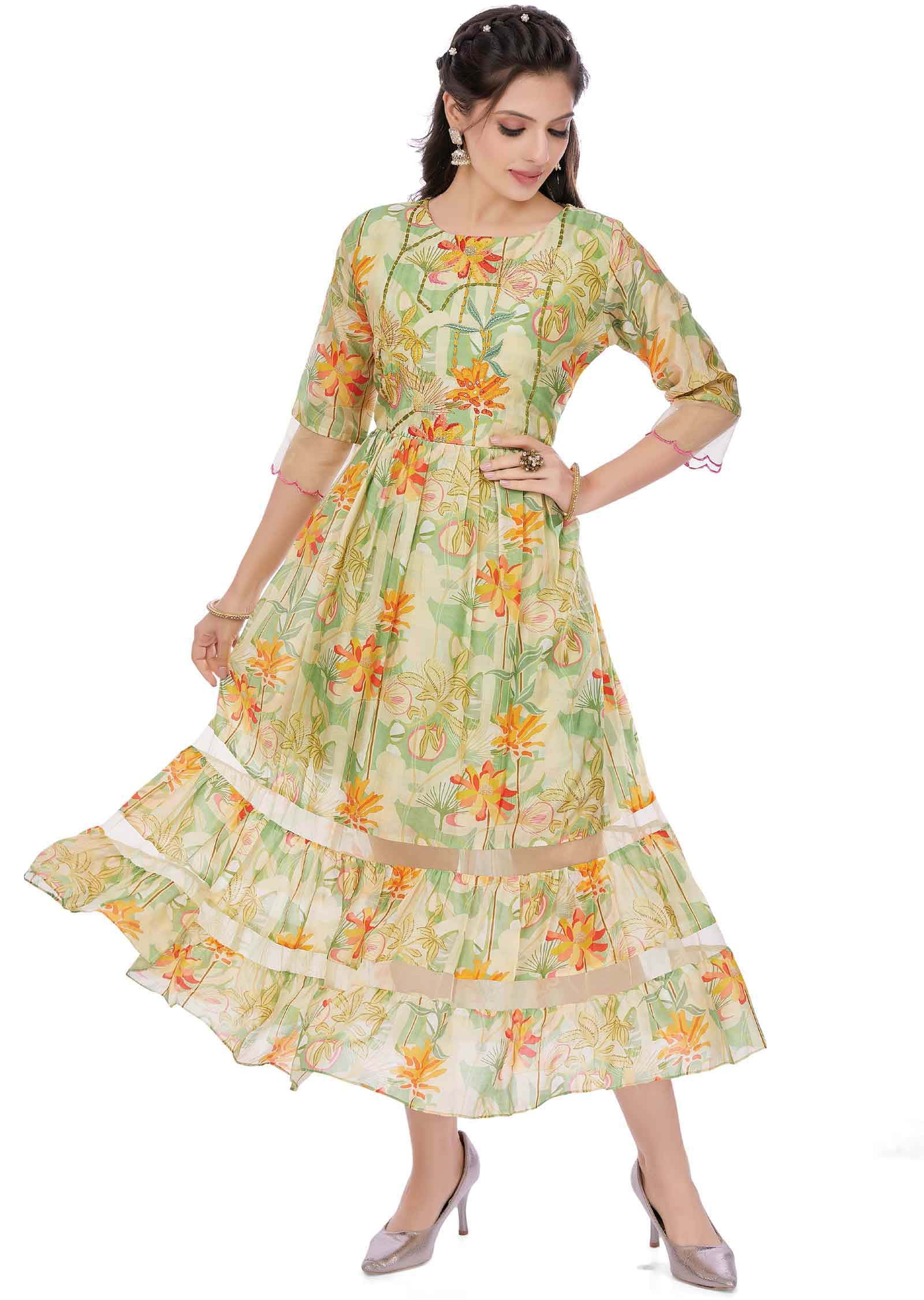 Light Green Muslin Printed Frock Style Kurti