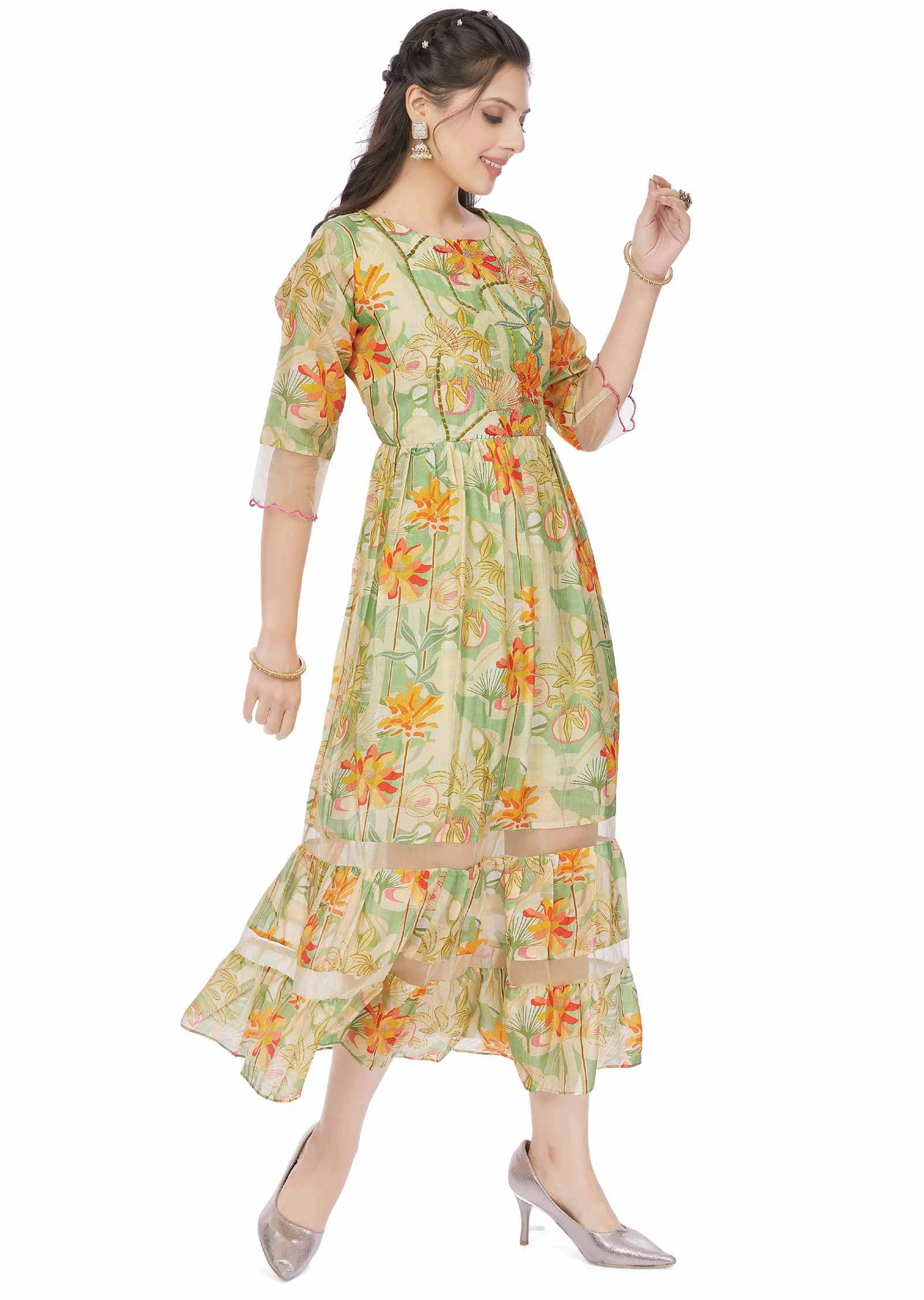 Light Green Muslin Printed Frock Style Kurti