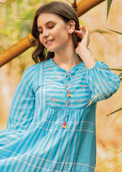 Light Blue Handloom Cotton Frock Style Kurti