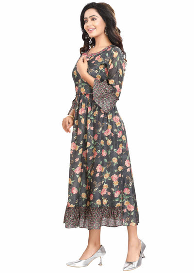 Dark Grey Muslin Zardosi & Embroidered Frock Style Kurti