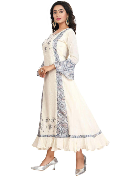 Cream Cotton Resham Work Frock Style Kurti