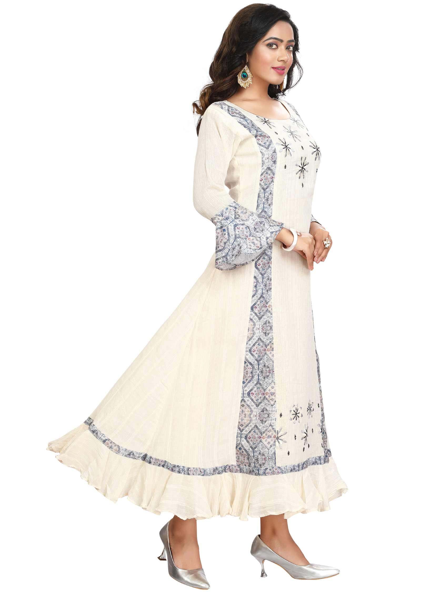 Cream Cotton Resham Work Frock Style Kurti