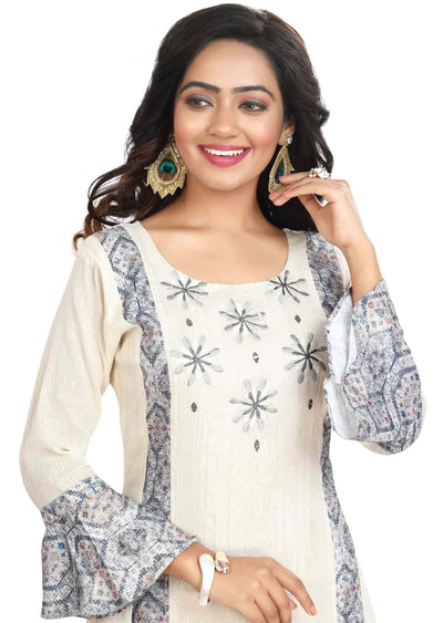 Cream Cotton Resham Work Frock Style Kurti