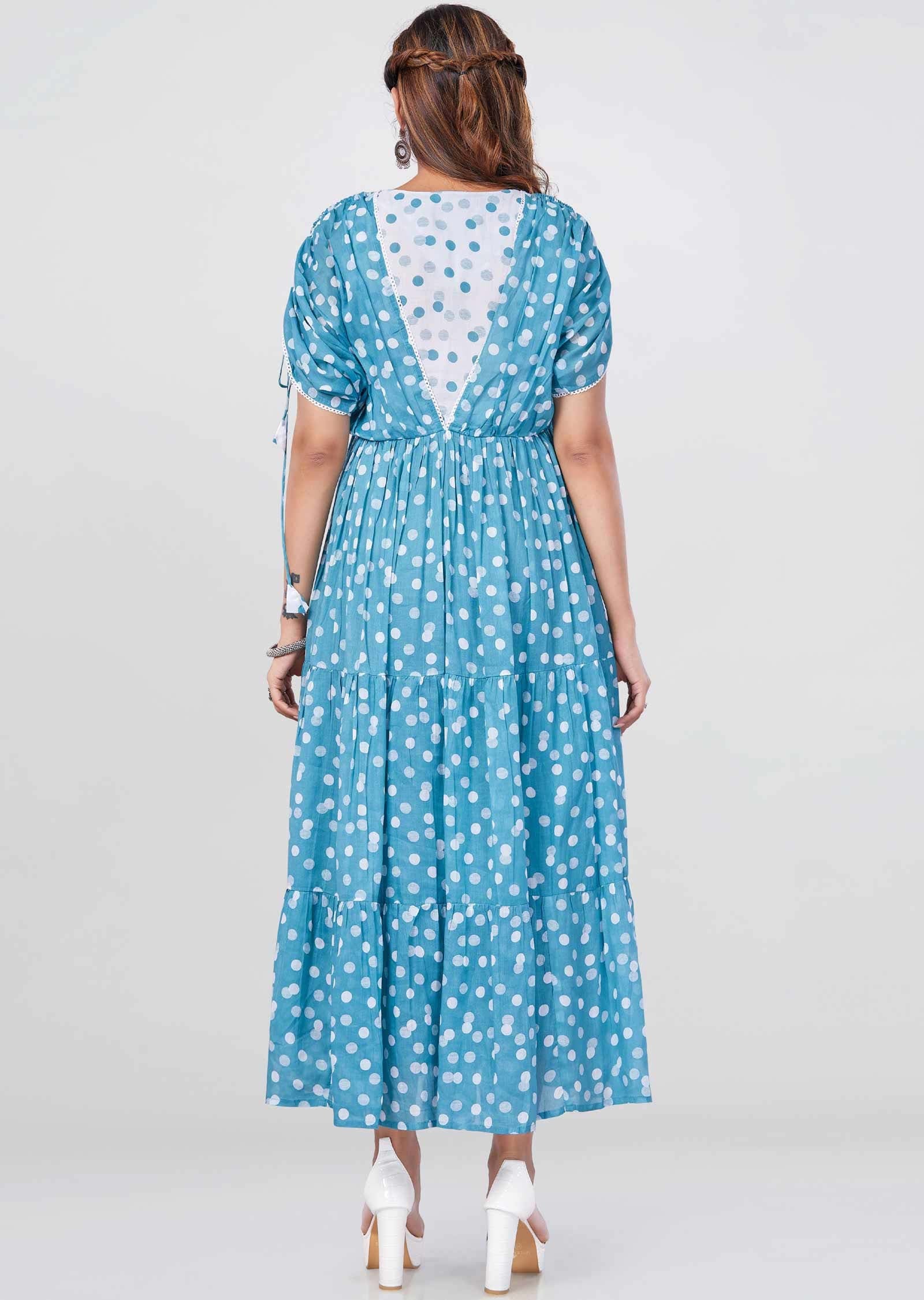 Dusty Blue Cotton Sequins Frock Style Kurti