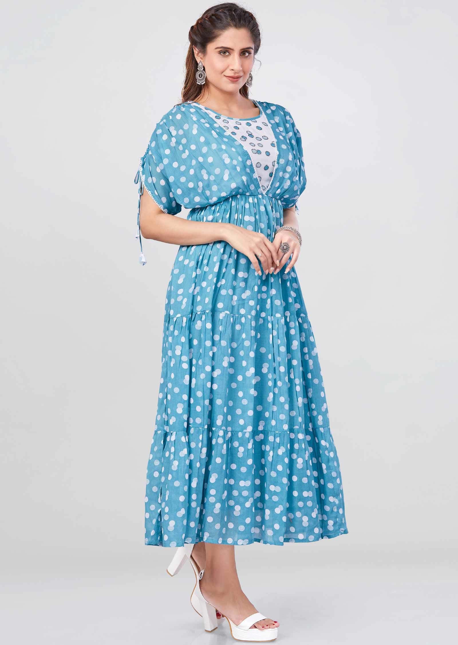 Dusty Blue Cotton Sequins Frock Style Kurti