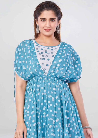 Dusty Blue Cotton Sequins Frock Style Kurti