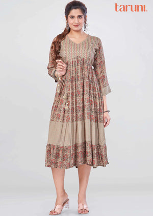 Khaki Muslin Printed Frock Style Kurti