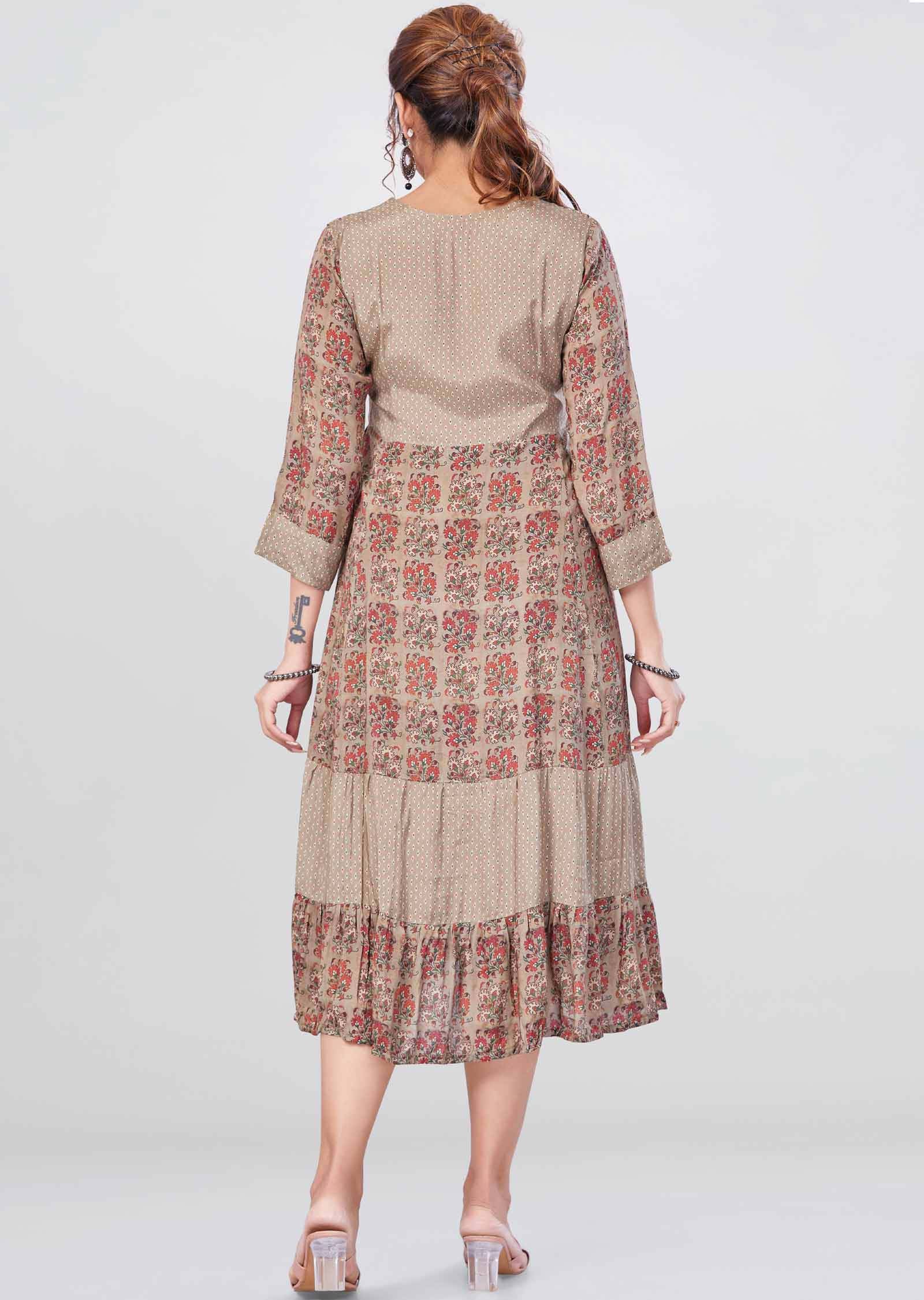 Khaki Muslin Printed Frock Style Kurti