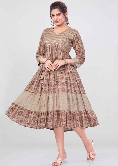 Khaki Muslin Printed Frock Style Kurti