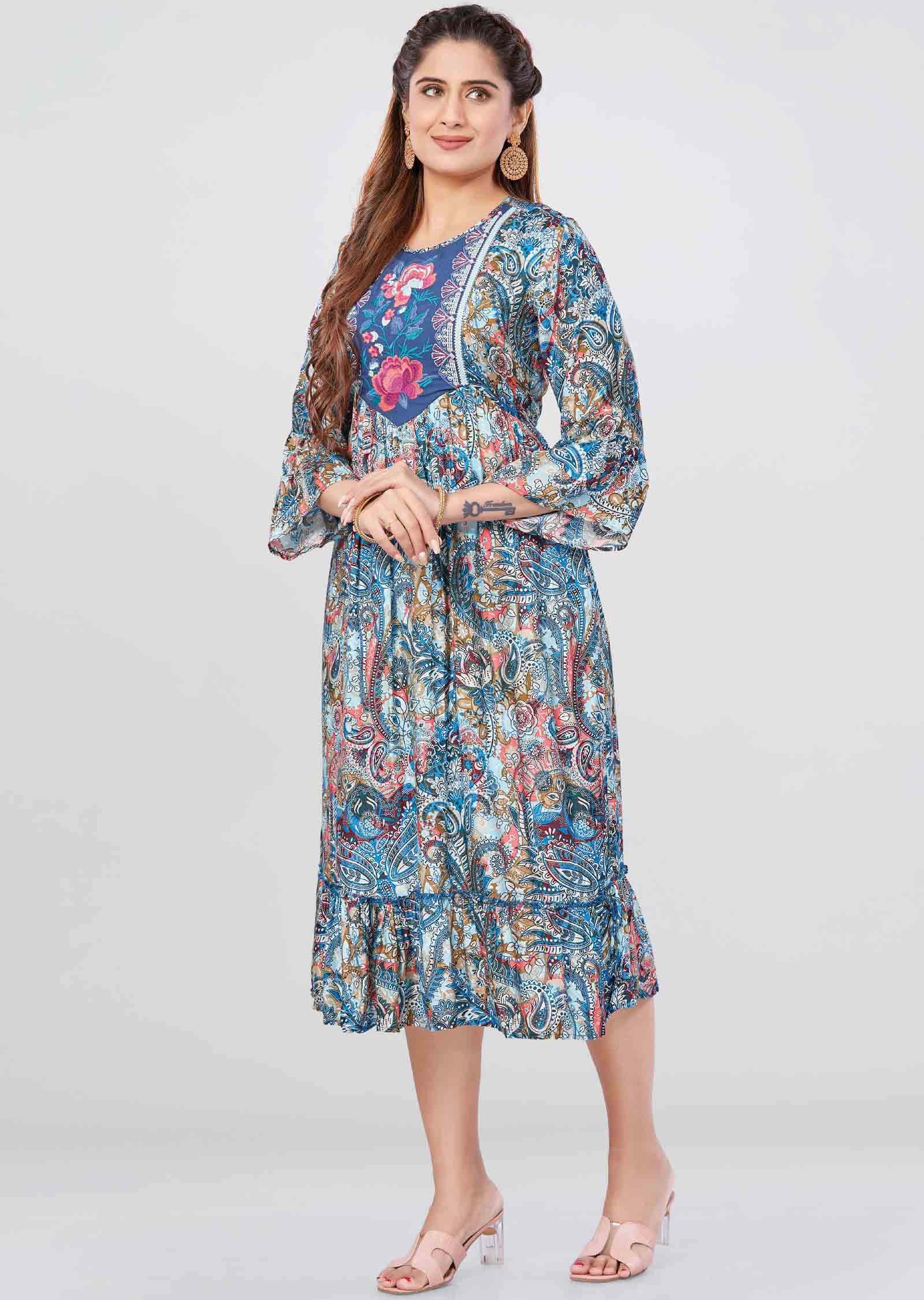 Sea Green Modal Printed Frock Style Kurti