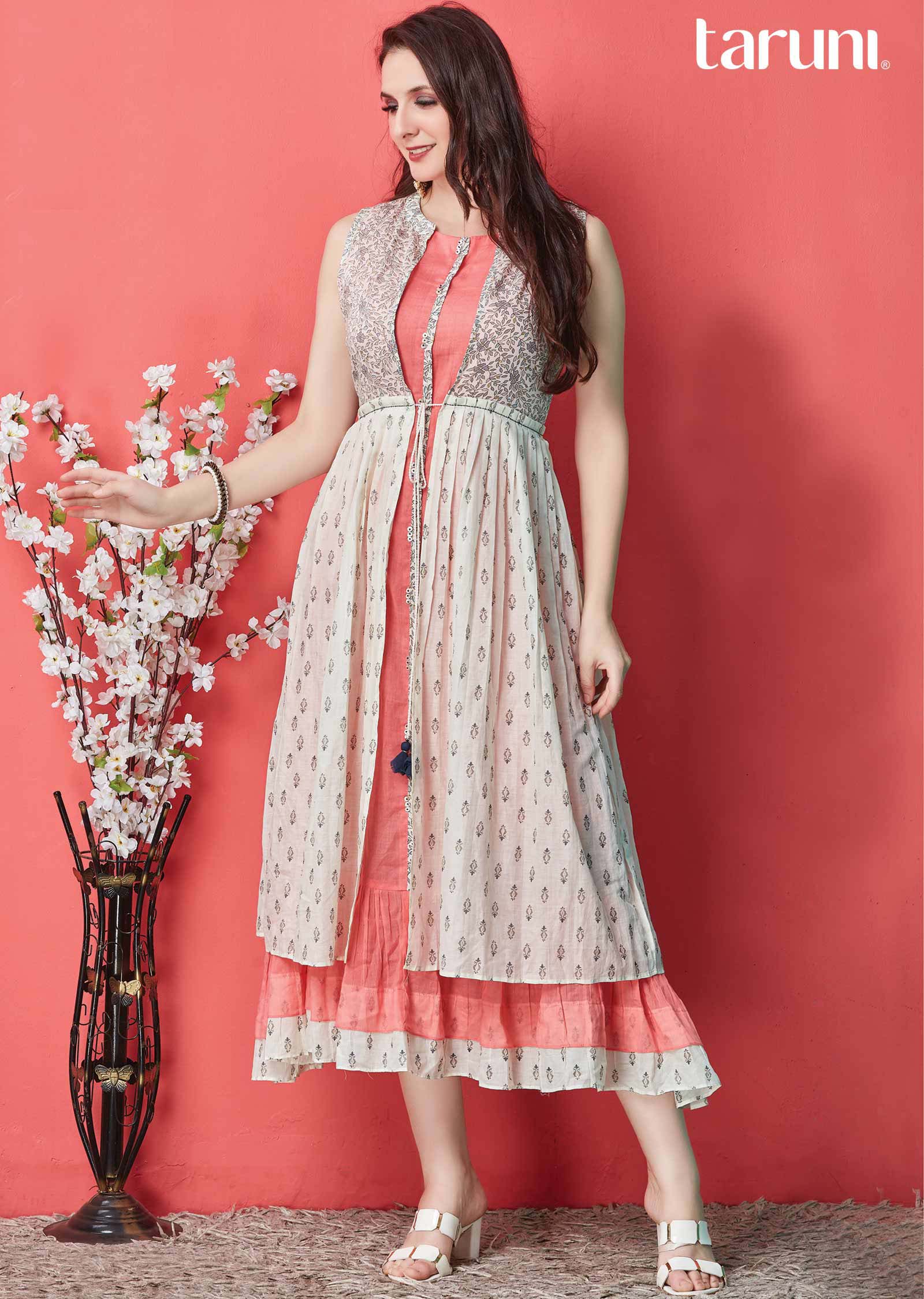 Pink Cotton Printed Frock Style Kurti