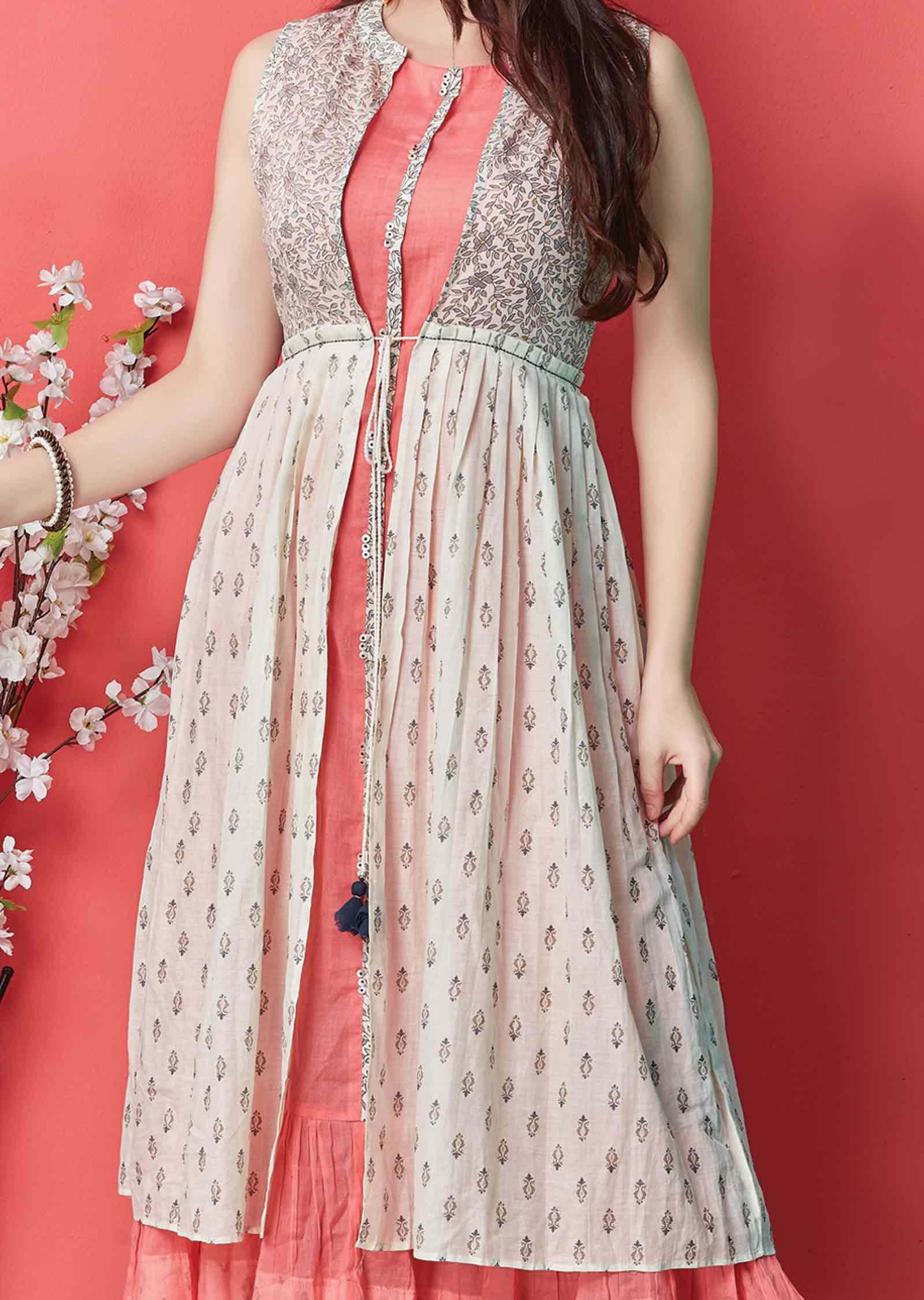 Pink Cotton Printed Frock Style Kurti