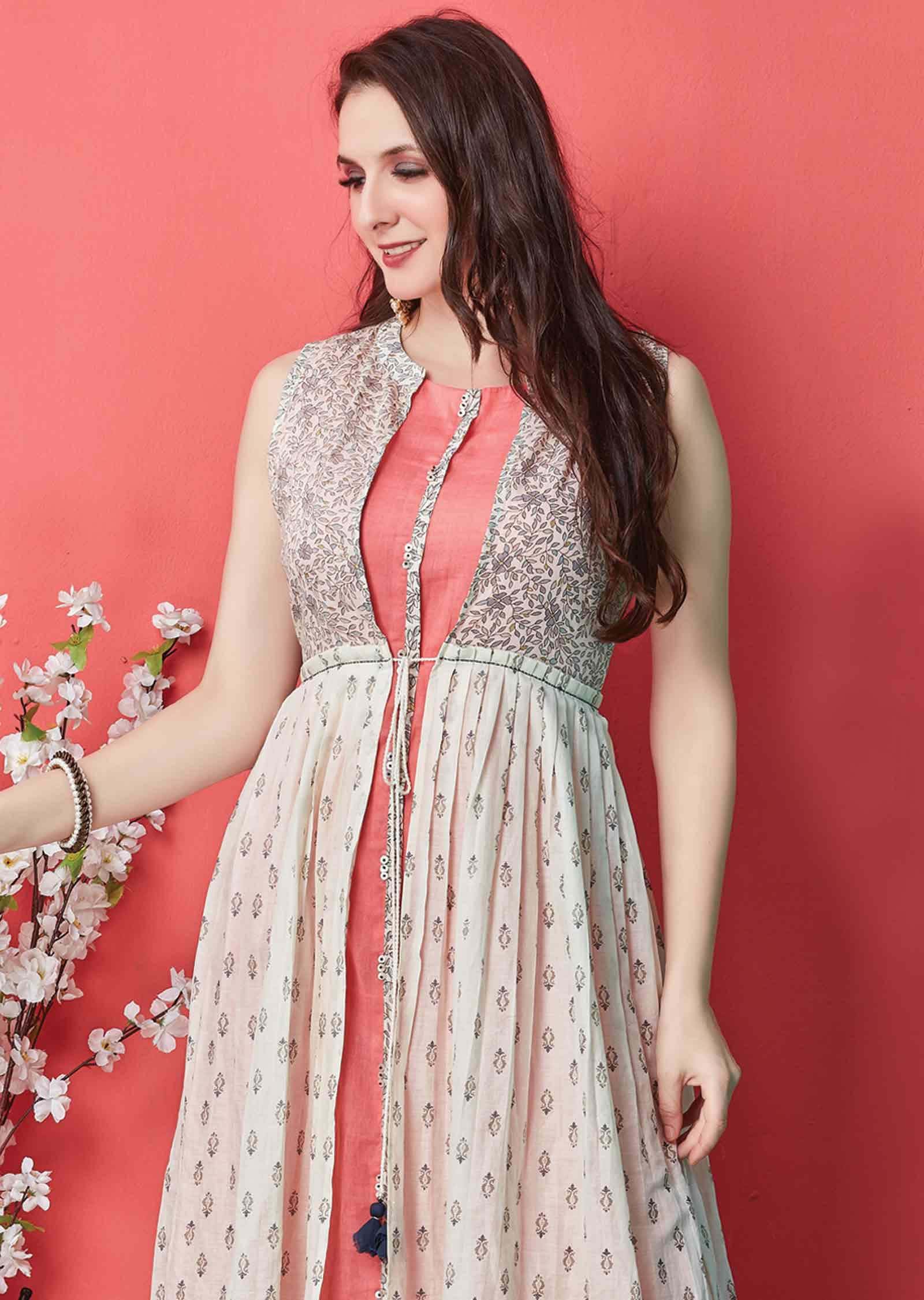 Pink Cotton Printed Frock Style Kurti