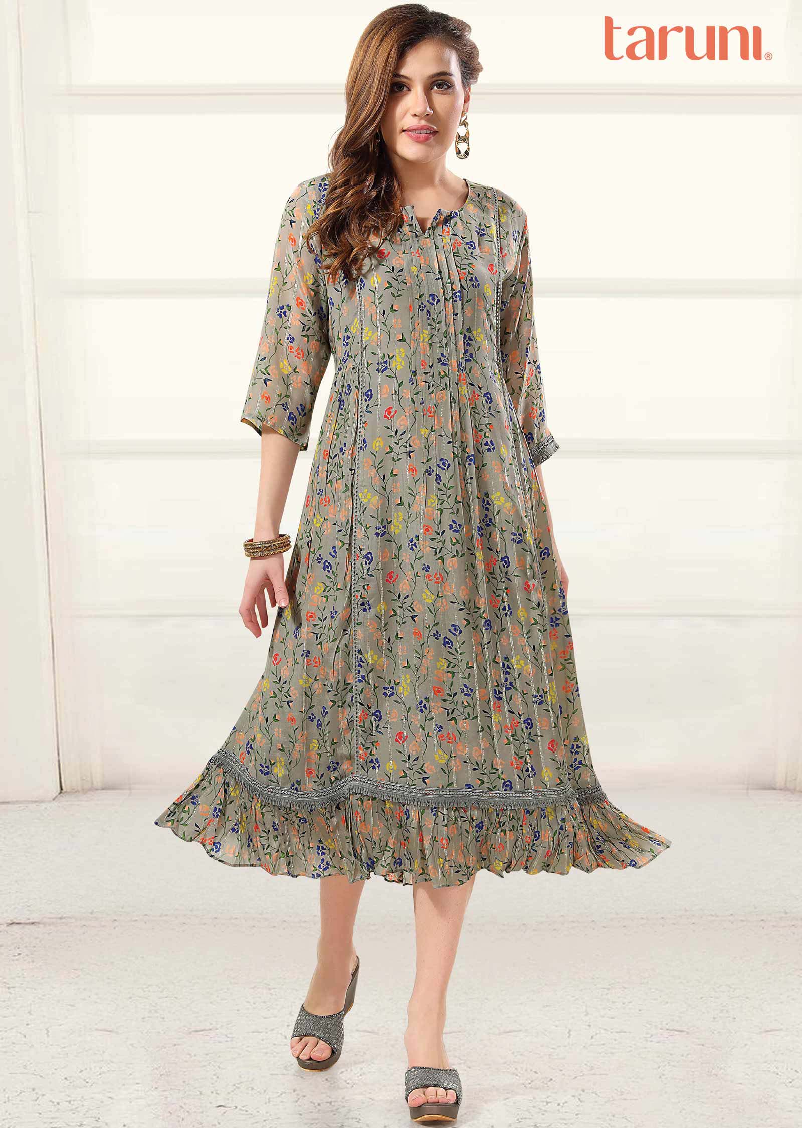 Grey Crepe Printed Frock Style Kurti