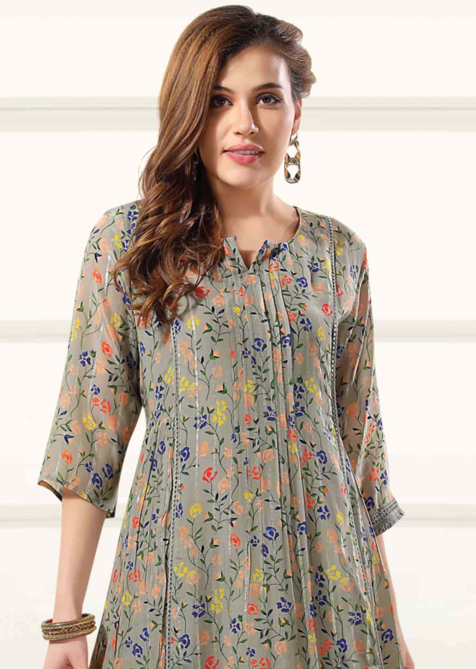 Grey Crepe Printed Frock Style Kurti