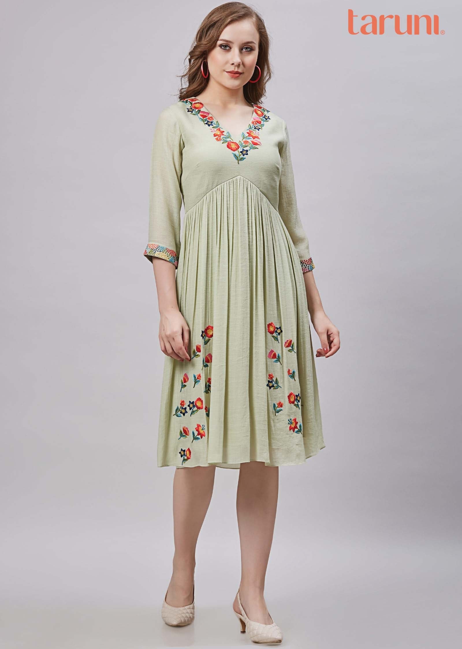 Pista Green Linen & Georgette Resham Work Frock Style Kurti