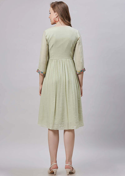 Pista Green Linen & Georgette Resham Work Frock Style Kurti