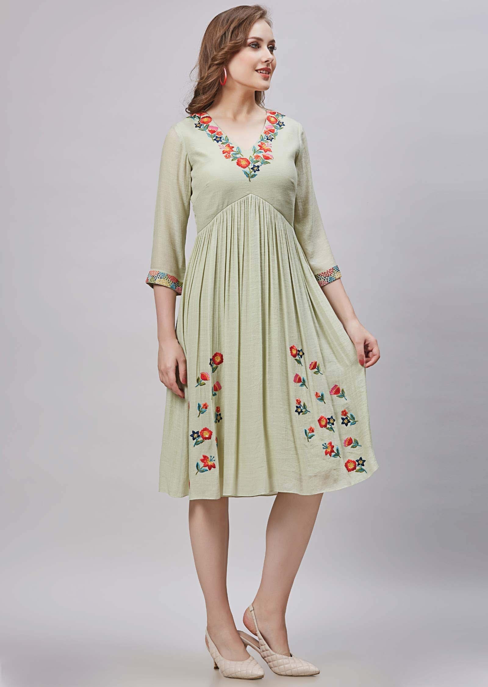 Pista Green Linen & Georgette Resham Work Frock Style Kurti