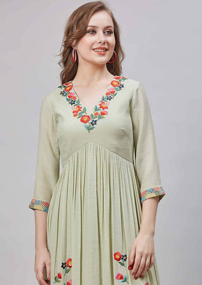 Pista Green Linen & Georgette Resham Work Frock Style Kurti