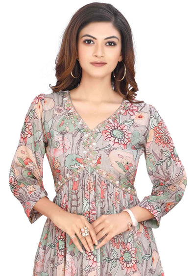 Light grey Chinnon Embroidered Frock Style Kurti