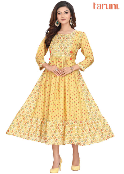 Yellow Muslin Kurti Frock Style