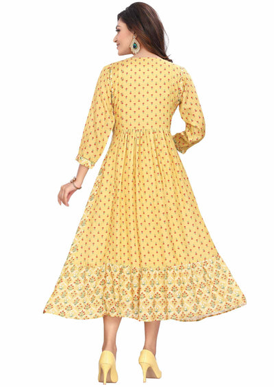 Yellow Muslin Zardosi & Embroidered Frock Style Kurti