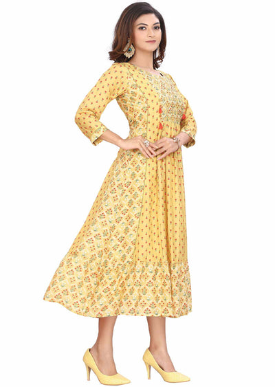 Yellow Muslin Zardosi & Embroidered Frock Style Kurti