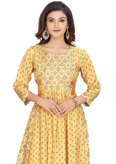 Yellow Muslin Zardosi & Embroidered Frock Style Kurti