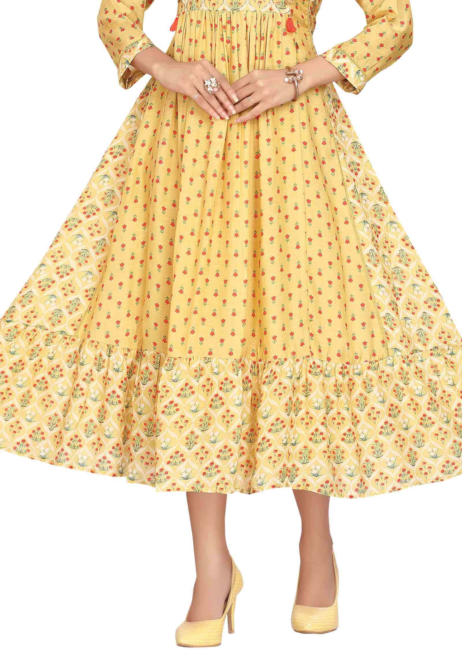 Yellow Muslin Zardosi & Embroidered Frock Style Kurti