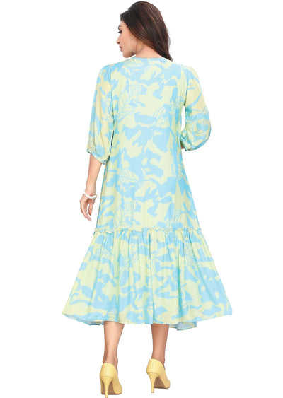 Yellow/Light Blue Muslin Printed Frock Style Kurti