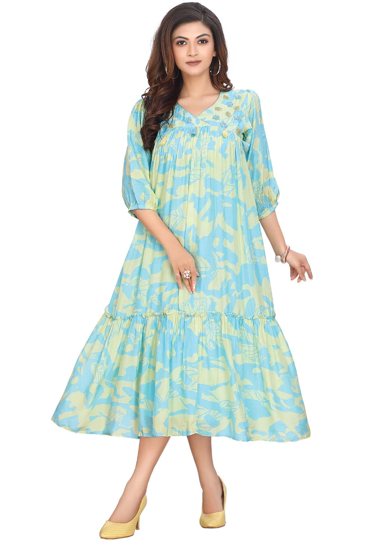 Yellow/Light Blue Muslin Printed Frock Style Kurti