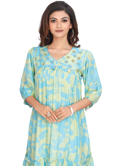 Yellow/Light Blue Muslin Printed Frock Style Kurti