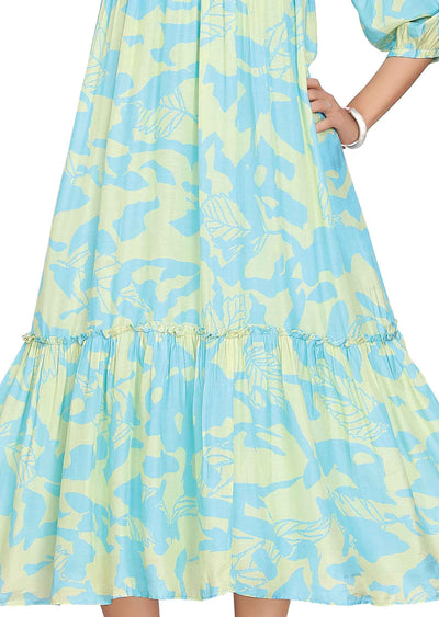 Yellow/Light Blue Muslin Printed Frock Style Kurti