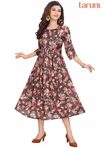 Brown Muslin Printed Frock Style Kurti