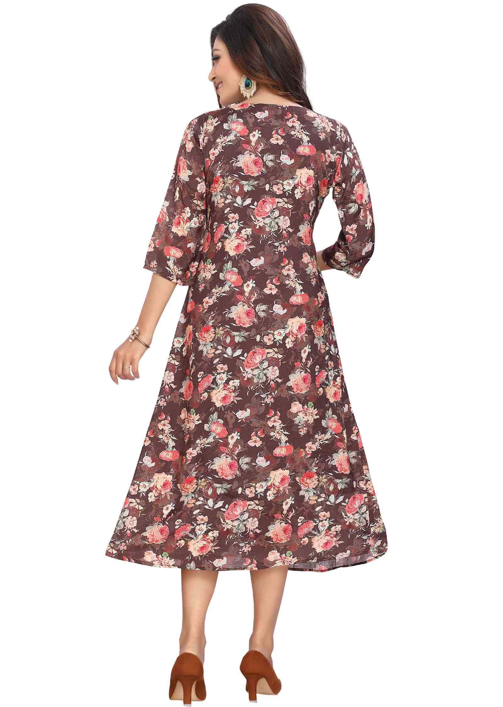 Brown Muslin Printed Frock Style Kurti