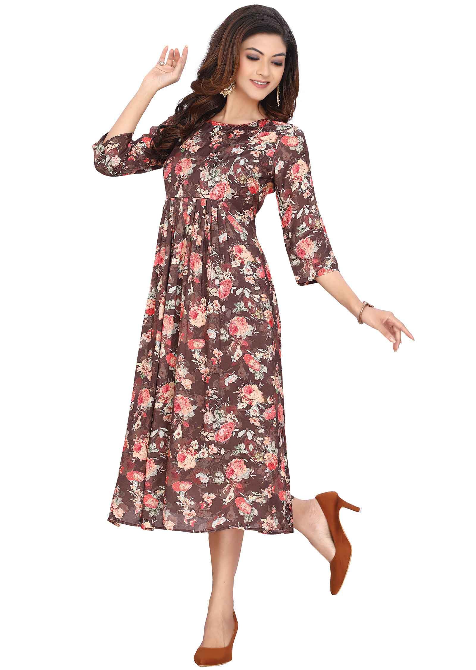 Brown Muslin Printed Frock Style Kurti