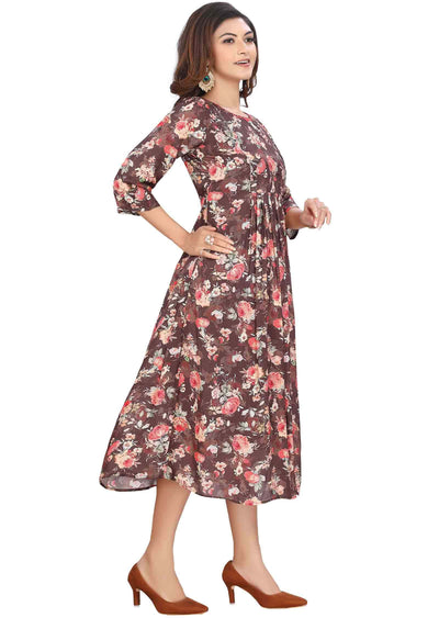 Brown Muslin Printed Frock Style Kurti