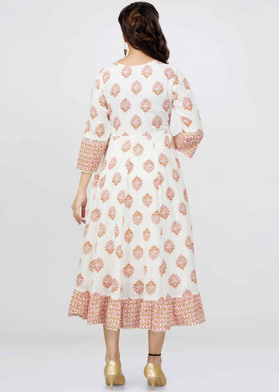 Off White Cotton Sequins Frock Style Kurti