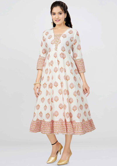 Off White Cotton Sequins Frock Style Kurti