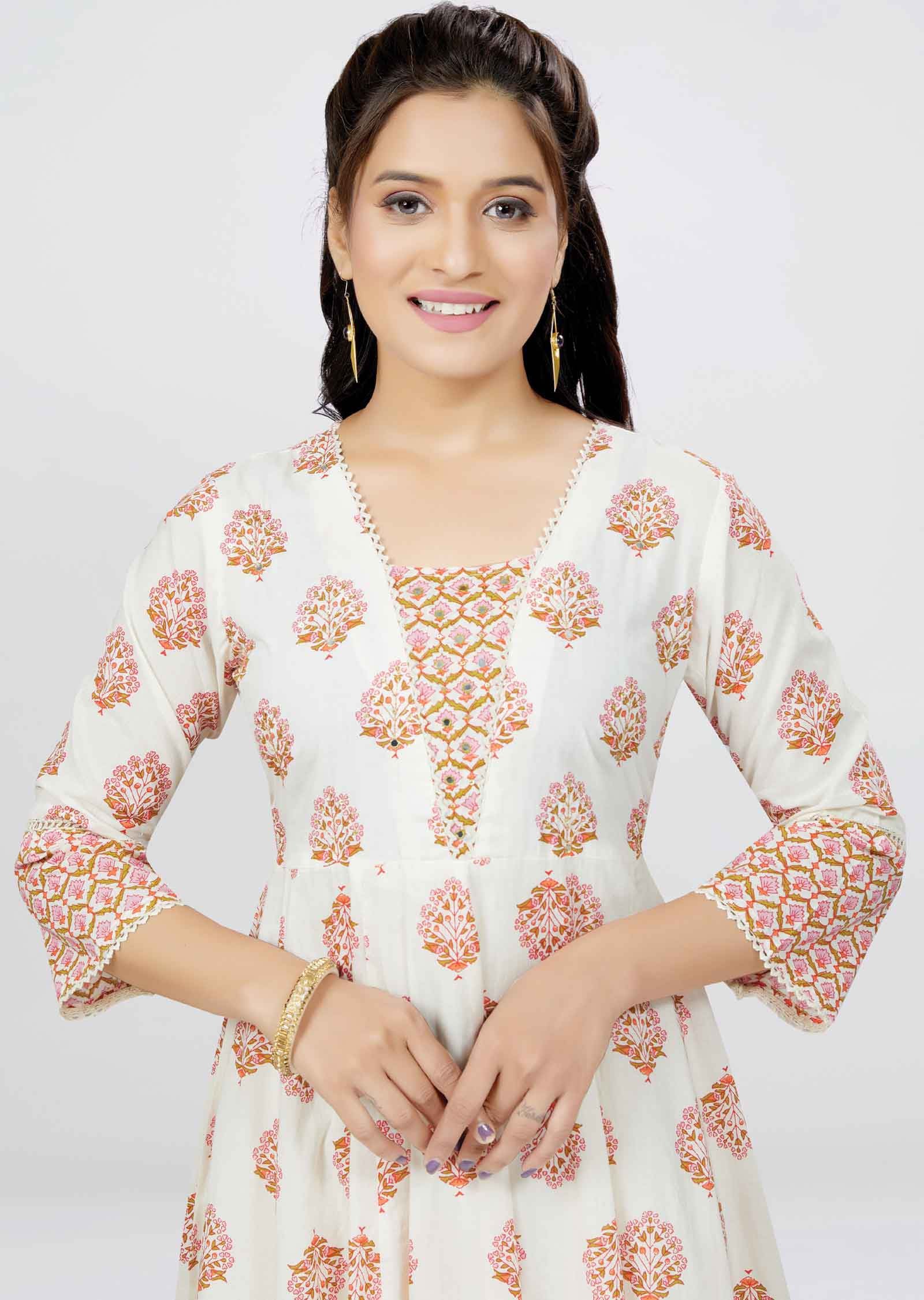 Off White Cotton Sequins Frock Style Kurti