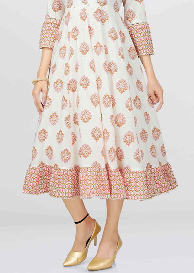 Off White Cotton Sequins Frock Style Kurti