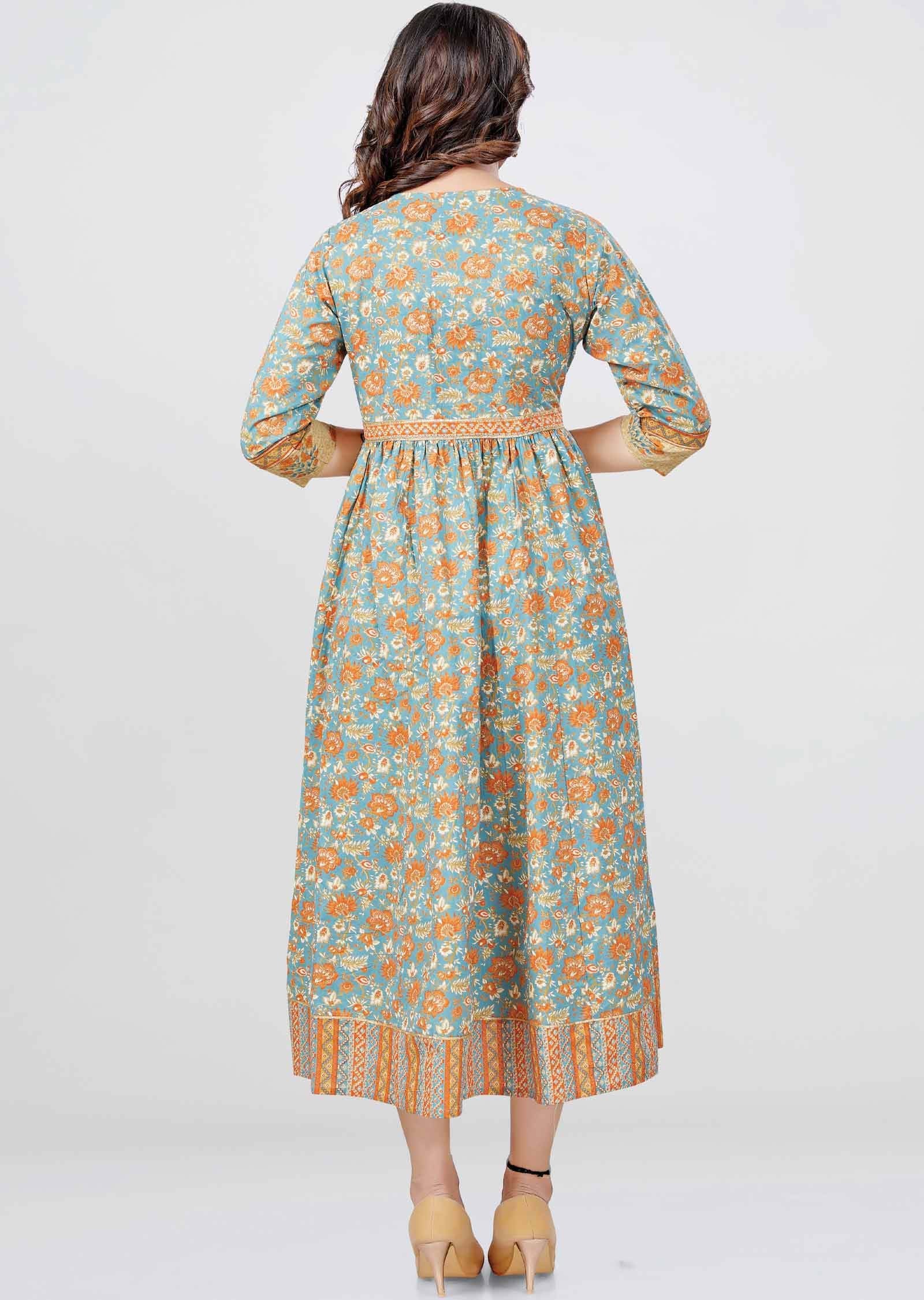 Greyish Blue Cotton Printed Frock Style Kurti