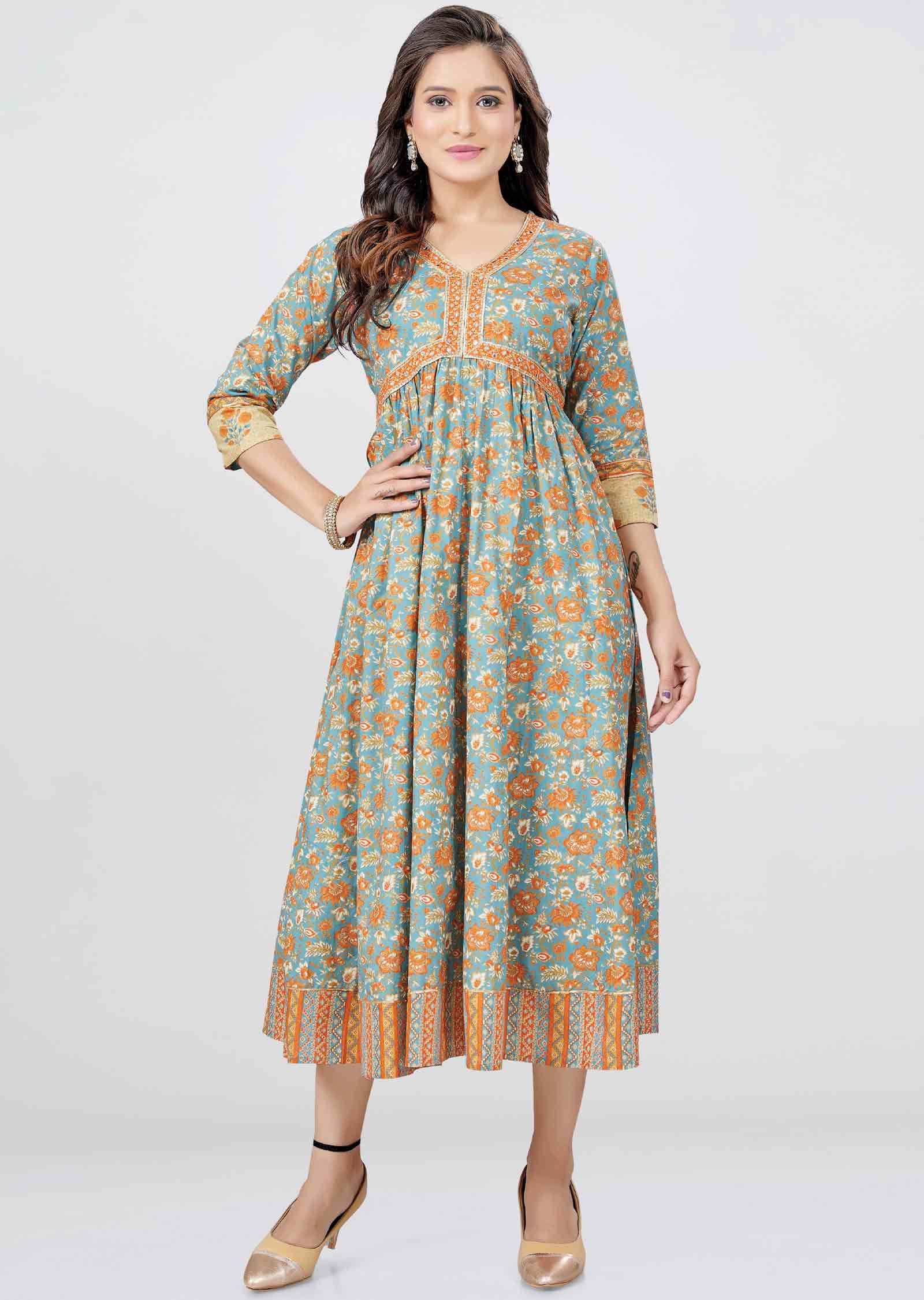 Greyish Blue Cotton Printed Frock Style Kurti